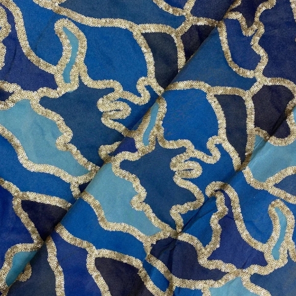 Golden Sequin Work With Position Print On Tissue Fabric - Picture 2 of 3